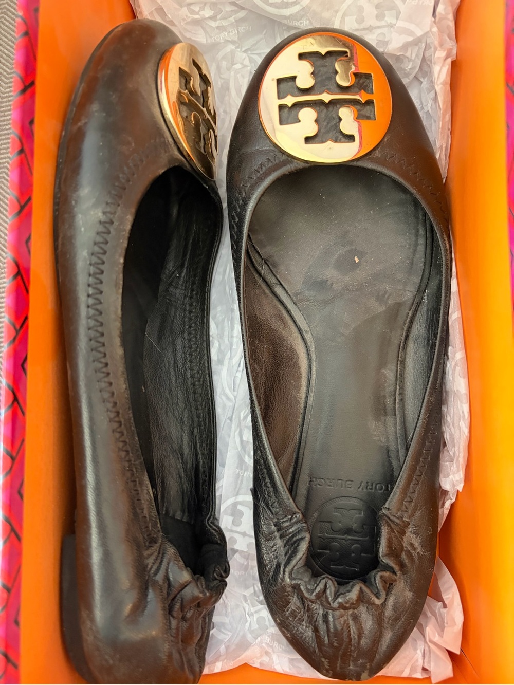 Tory Burch Brown Leather Logo Ballet Flats with Gold Emblem 6